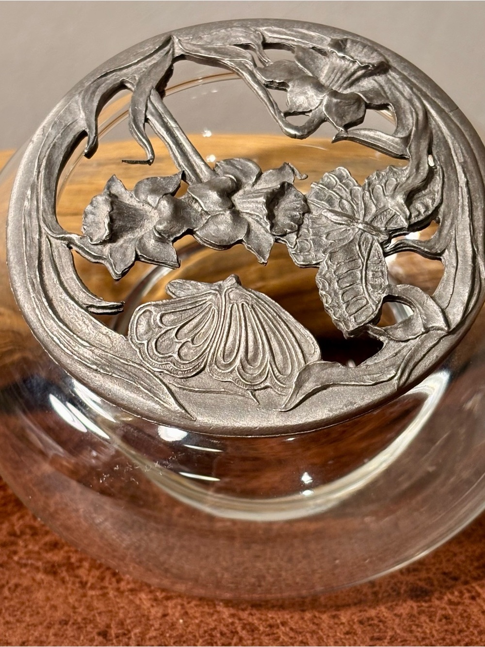 Art Nouveau Floral Pewter Lid Glass Jar - Silver Tone Signed Davis/Brown